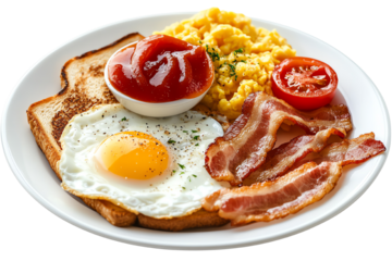 Hearty Breakfast Plate: A delicious and satisfying breakfast plate featuring fried eggs, crispy bacon, scrambled eggs, toast, and ketchup. Perfect for menus, food blogs, or breakfast-themed projects.