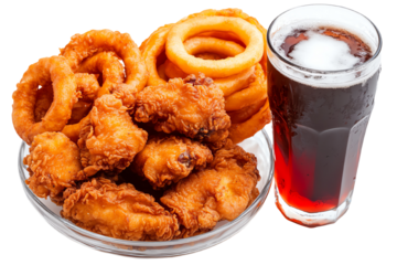 Crispy Bites and Refreshing Sips: A tempting platter of golden fried chicken nuggets and onion rings, accompanied by a frosty glass of cola, creates a mouthwatering scene of pure indulgence. 