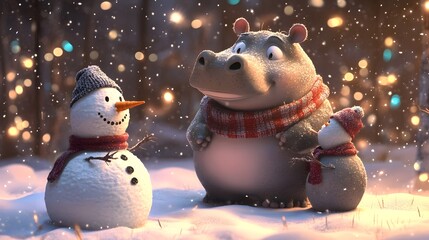 Obraz premium Chubby hippo wearing a scarf and mittens building a snowman with friends surrounded by serene snowfall and twinkling lights