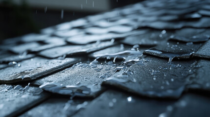 Close-up view of rainwater pooling on dark slate roof shingles, highlighting texture and reflections in wet conditions