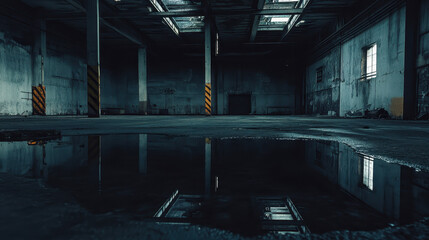Abandoned industrial space with puddles reflecting the dilapidated surroundings, showcasing broken windows and worn concrete floors
