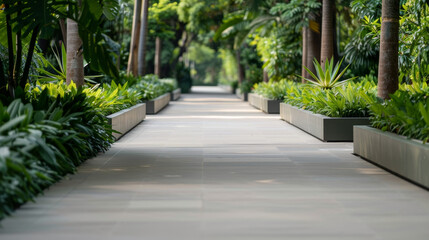 Urban green walkway lined with lush plants and greenery, designed to enhance eco-friendly transportation and promote sustainable living in modern city. Perfect for pedestrians and nature enthusiasts.