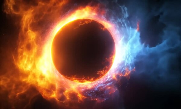 A vibrant cosmic swirl of fire and ice in a dark space backdrop.