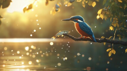 Fototapeta premium Colorful Kingfisher with Fish by a Serene Lake