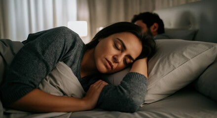 Obraz premium Woman sleeping peacefully in bed with man background