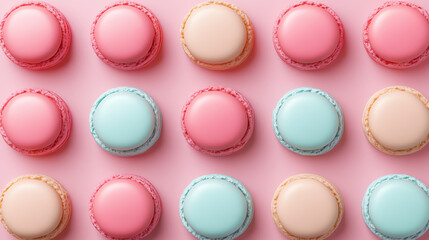 Obraz premium Colorful arrangement of macarons in shades of pink and blue against a soft pink background, perfect for dessert and pastry enthusiasts.
