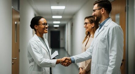 Obraz premium Medical professionals shaking hands in hospital corridor, showing teamwork
