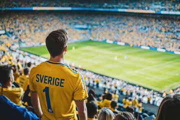 Fototapeta premium Group of Smiling Swedish Soccer Fans. A joyful group of young Swedish fans with light skin, all wearing yellow jerseys, laughing and smiling together during a soccer match. 