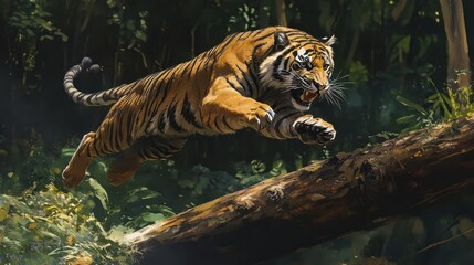 Majestic Tiger Leaping Through Dense Jungle