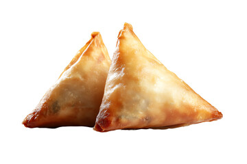 Golden Brown Samosas: Two perfectly golden-brown samosas, crispy and inviting, ready to tantalize your taste buds. A delicious image perfect for food blogs, restaurant menus, or culinary publications.