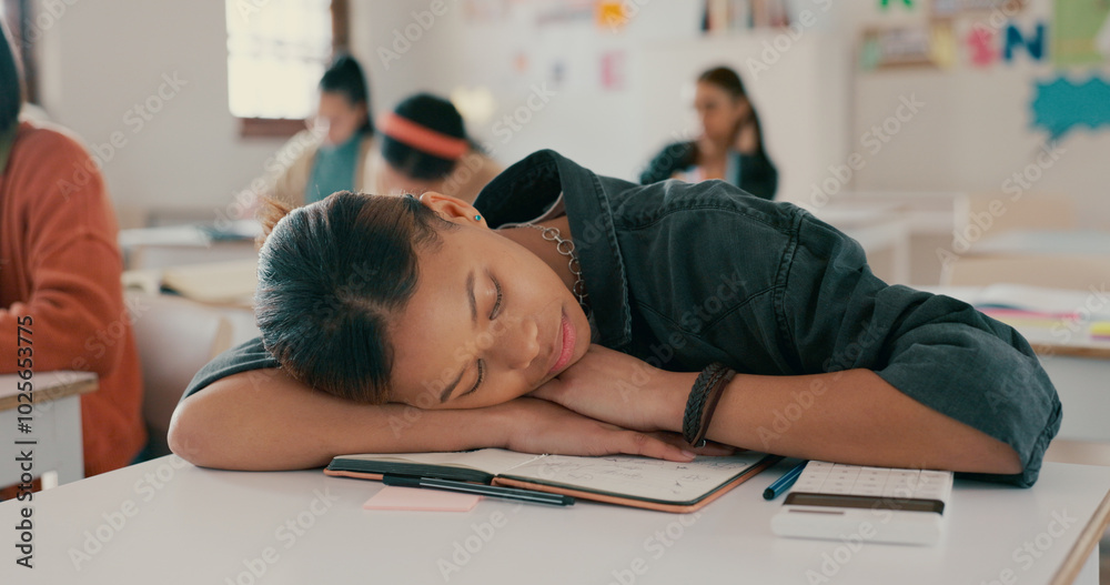 Poster tired, sleeping and student on desk in classroom at school with fatigue in lesson for learning. burn