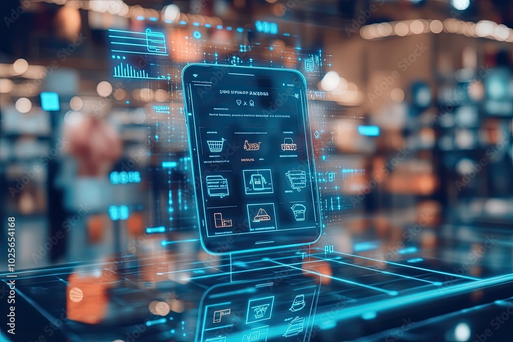Poster futuristic smartphone displaying digital interface and user experience