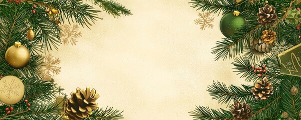 Christmas card in vector with festive green border embellished with seasonal designs.