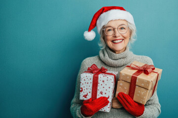 Smiling woman in Santa hat holding gift box.