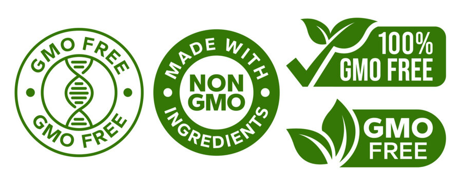 GMO free icon set. Non GMO label. No added or artificial chemicals logo, label, badge, sticker, symbol, emblem, stamp, line, vector, isolated illustration. GMO free label for product packaging design.