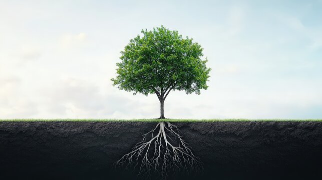 A tree with deep roots and branches that extend beyond the frame.