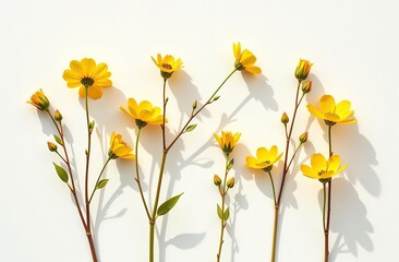 Fototapeta premium Floral autumn still life with yellow flowers on white background, Autumnal flowery pattern, beautiful shadow from sunlight. Scenery beauty Nature design, minimal style aesthetic flat lay view