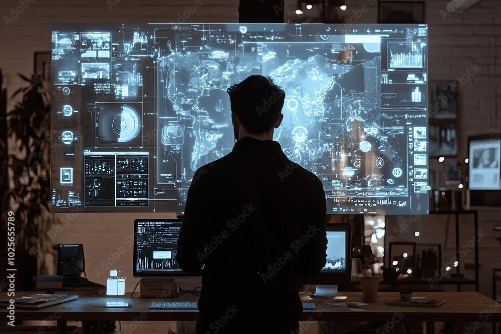 Poster a man standing before a large screen displaying a digital world map and various data