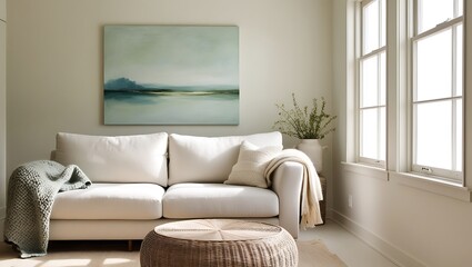 Sofa mockup Minimalist Scandinavian living room, abstract wall art