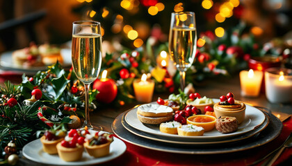 Christmas Toast with Champagne and Holiday Appetizers. Festive Celebration with Champagne and Christmas Snacks. Elegant Holiday Table with Champagne and Festive Snacks