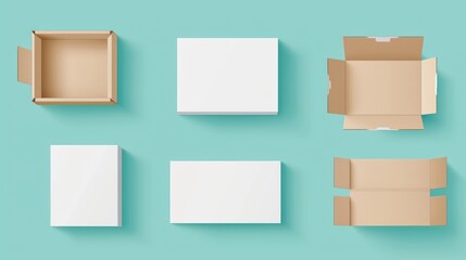 Vector set of carton boxes shown from above, featuring open and closed designs.
