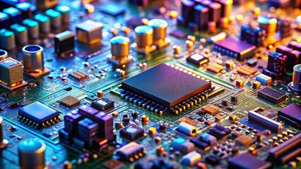Obraz premium Close-Up Tilt-Shift Photography of Electronic Hardware and Silicon Chips on a Circuit Board for Tech Enthusiasts