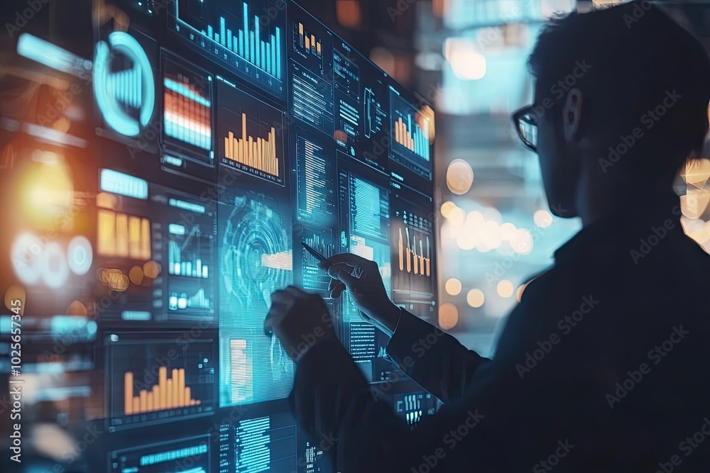 Poster a man analyzing data on a large screen with charts and graphs