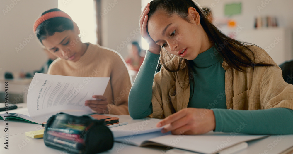Poster education, thinking or people in high school for exam, assignment or knowledge development in test. 