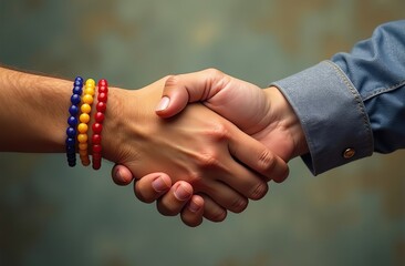 Two men's palms in a handshake. One hand is wearing a rainbow bracelet