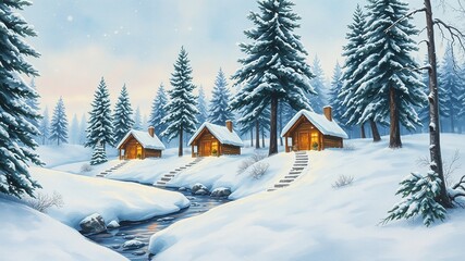 Snowy Winter Landscape with Cozy Huts and Pine Trees - Photorealistic Christmas Card