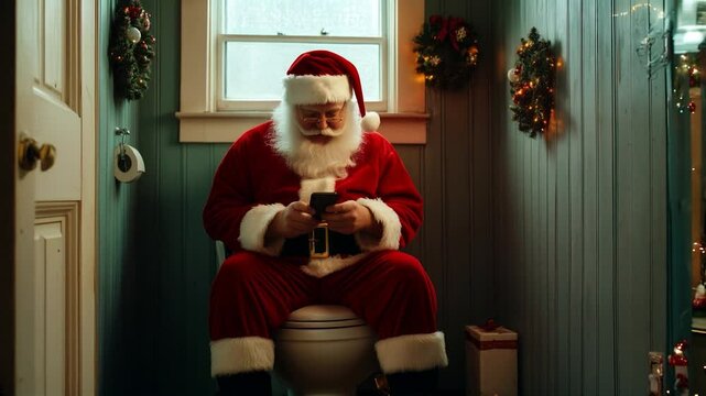 Santa Claus doom scrolling on his phone while sitting in a decorated bathroom, surrounded by festive Christmas decor, blending holiday charm with modern technology. Video made using Generative AI