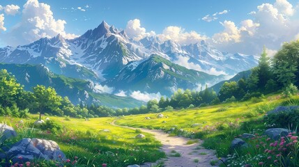 Scenic Mountain Landscape Featuring Colorful Flowers and Lush Greenery