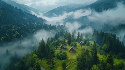 Scenic Mountain Landscape with Lush Green Forests and Blue Sky