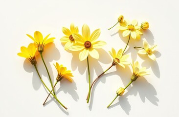 Floral autumn still life with yellow flowers on white background, Autumnal flowery pattern, beautiful shadow from sunlight. Scenery beauty Nature design, minimal style aesthetic flat lay view
