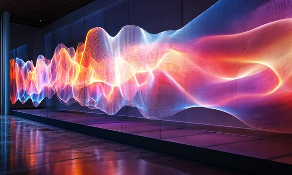 Colorful wave-like light installation in a modern space.