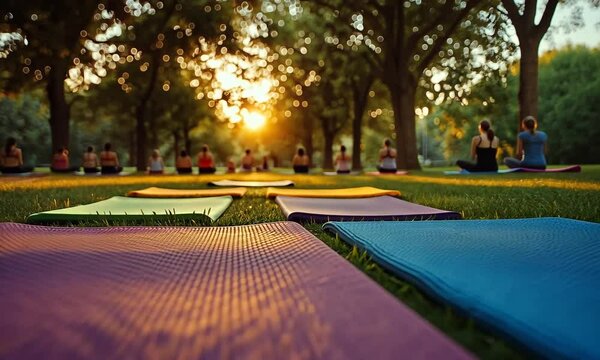 Colorful yoga mats on grass during sunset in a serene park.