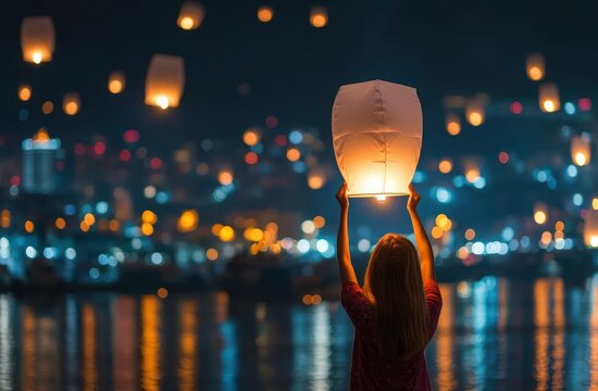 Nighttime Lantern Release: Woman Floating Glowing Paper Balloon in Cityscape