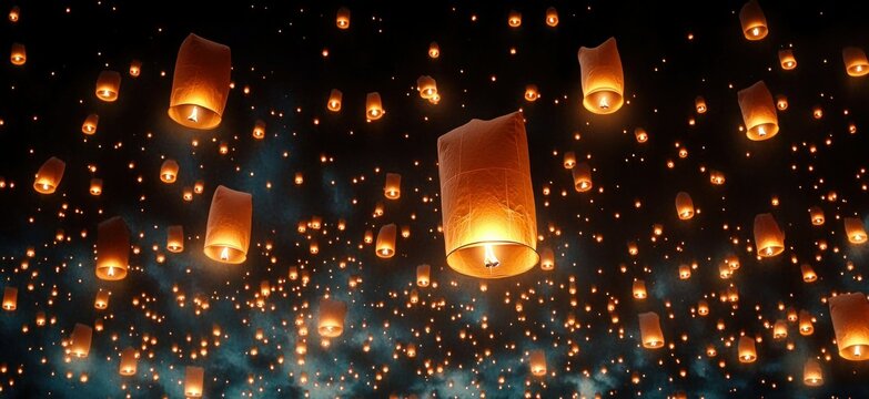 Cinematic Floating Lanterns in Night Sky