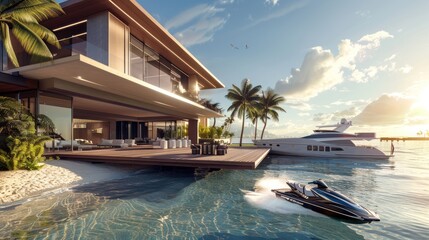 Fototapeta premium Modern Waterfront Villa with Yacht and Jet Ski