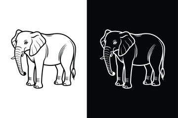 Minimalist Elephant Icon. Clean Line Art on White and Black Vector Backgrounds