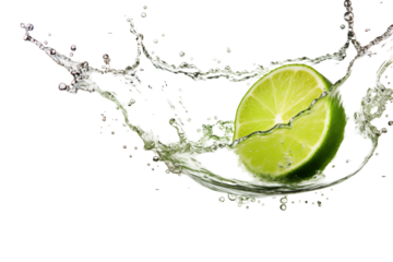 Lime slice splashing into clear water creating dynamic droplets in a bright background