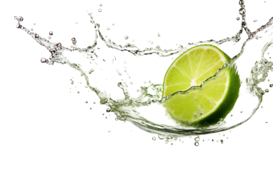Lime slice splashing into clear water creating dynamic droplets in a bright background