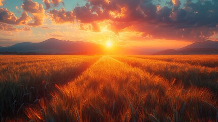 Serene Field of Tall Grass Beneath a Bright Orange Sun