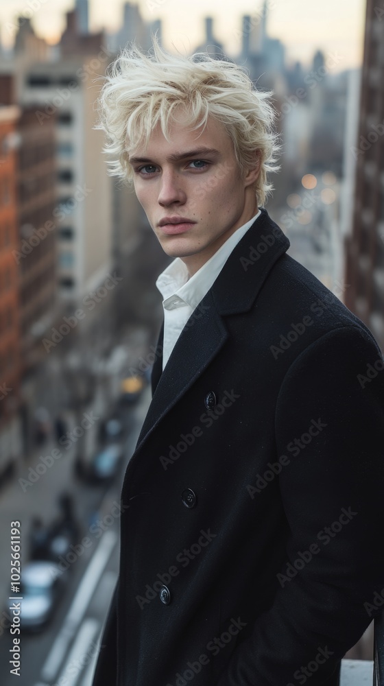 Poster A man in a black coat and white shirt stands on a city street