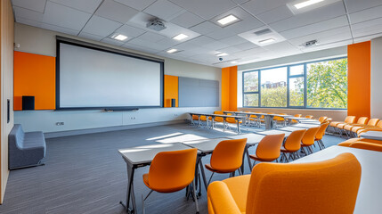 Spacious and well-lit classroom with orange chairs and a projector screen, ready for a day of learning
