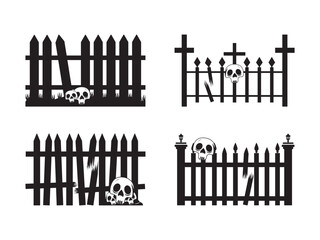 Isolated Halloween Broken Fence With Skulls and Pumkins Flat Vector Illustration Set