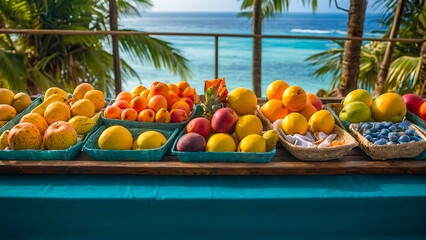 AI-generated an image of a Tropical local fruit market, delicious looking with vibrant colors, waiting for tourists to tantalize their taste buds 