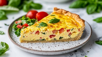 A slice of Coronation quiche served with a side of salad, isolated on a white marble background with scattered basil leaves