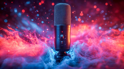 Professional microphone is standing in a cloud of colorful smoke, ready to record a podcast or music