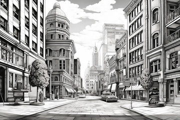 black and white clean coloring page for adults, street shot of downtown, Moscau